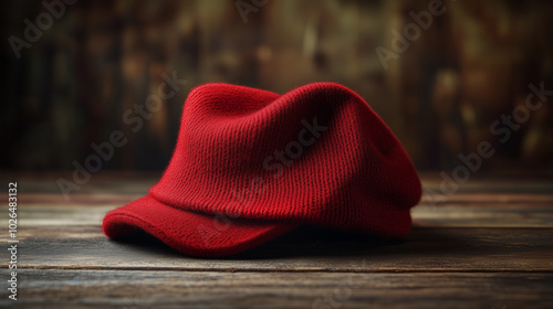Red wool cap on rustic wooden surface