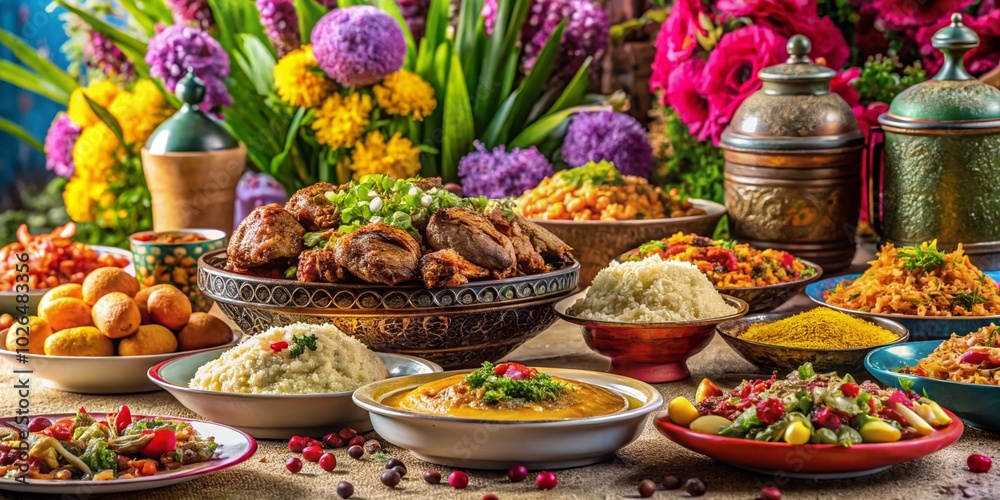 Fototapeta premium A breathtaking panoramic view of an Eid ul Adha feast, adorned with vibrant Arabic dishes and surrounded by beautiful blooming flowers, creates a