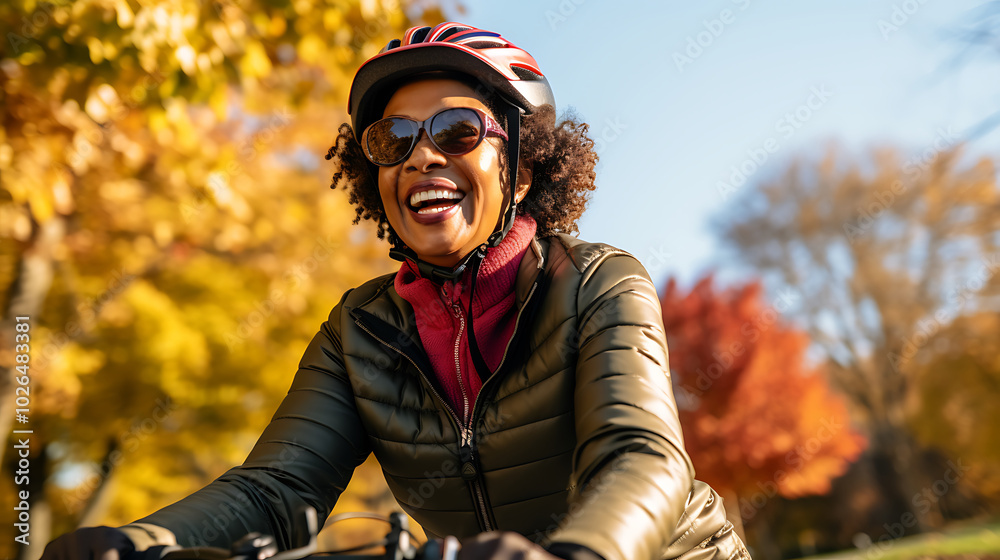 A joyful African American woman wearing a helmet and sunglasses rides a bicycle in an autumn park