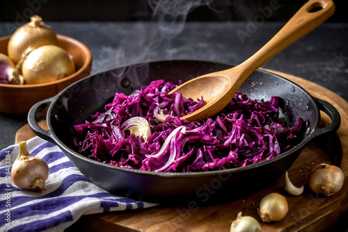 red cabbage prepared in a pan with a wooden spoon and onions on a table