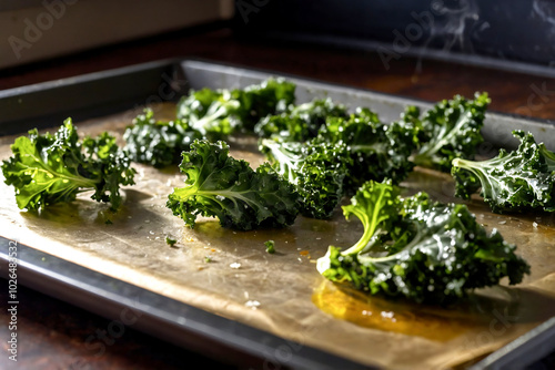 kale leaves on a baking tray for roasting
