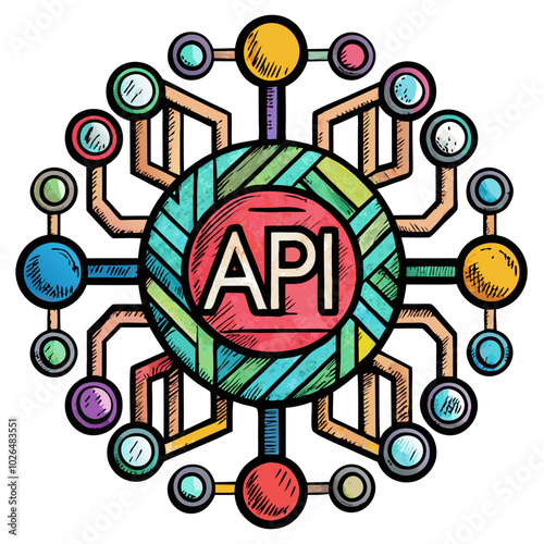 Colorful Geometric API Network Illustration with Connected Nodes