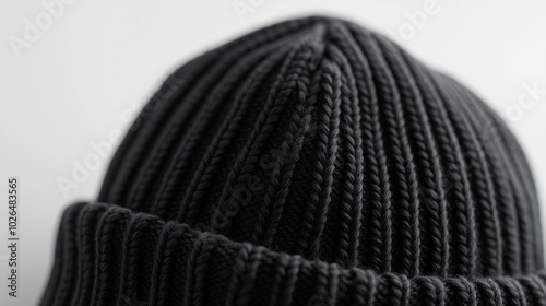 Black knitted beanie hat close-up on white background