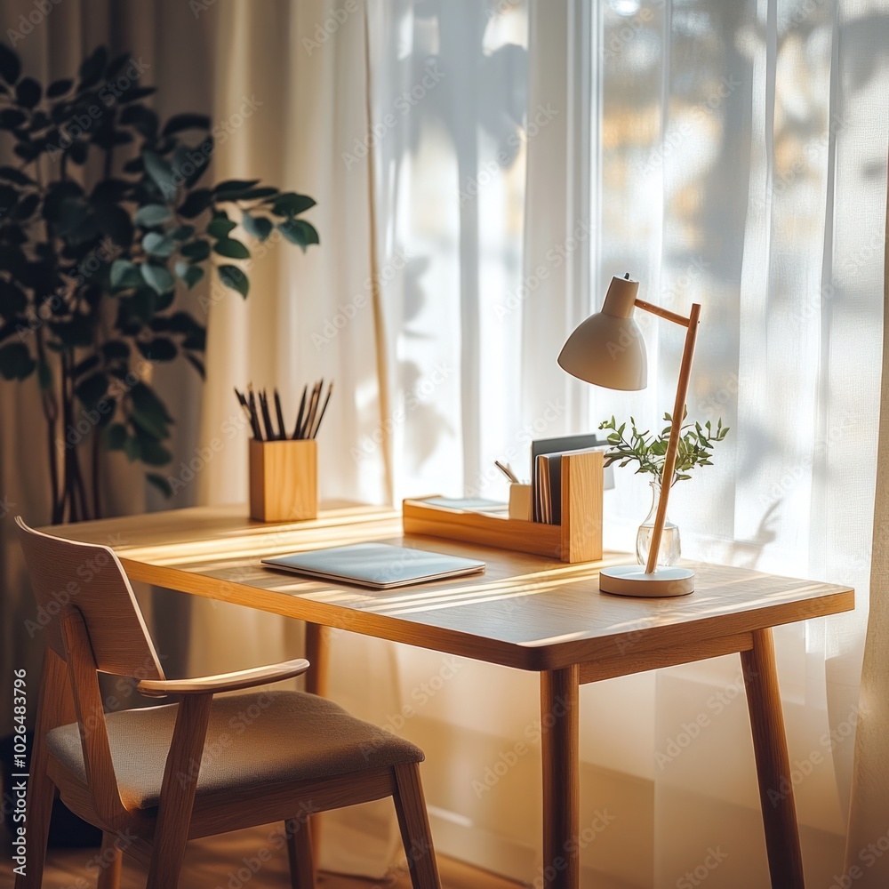 A cozy workspace with a wooden desk, chair, and natural light filtering through curtains.