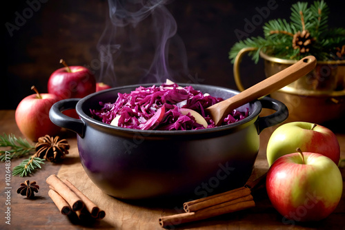 steaming red cabbage with apples in a black rustic pot on a wooden table with apples as decoration