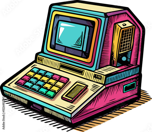 Retro Vintage Computer Illustration with Bright Colors and Pop Art Style