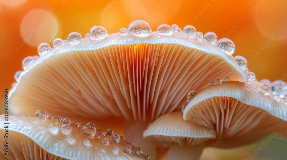 Dew-kissed Mushrooms Against a Soft Orange Background Dew-kissed Mushrooms Against a Soft Orange Background