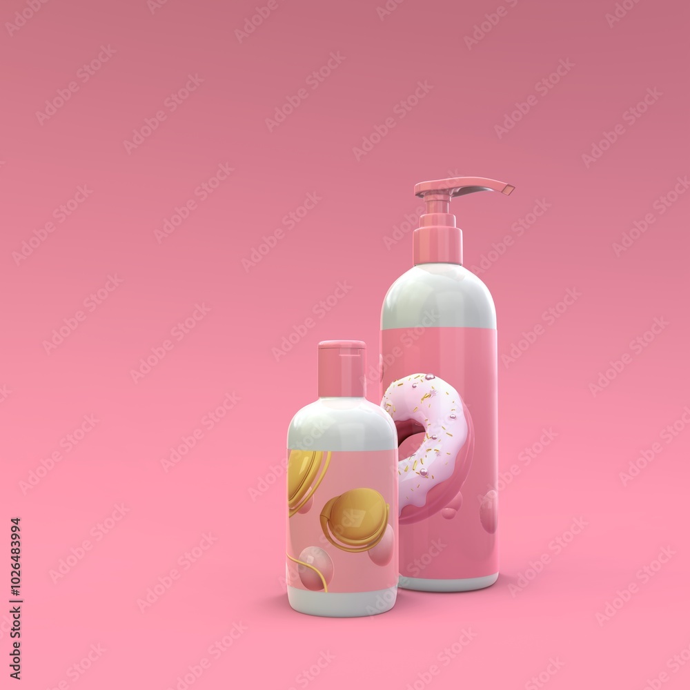 Elegant cosmetic bottles with label closeup on pink background. Modern cover design. 3d illustration. Elegant cosmetic bottles with label closeup on pink background. Modern cover design. 3d illustration.