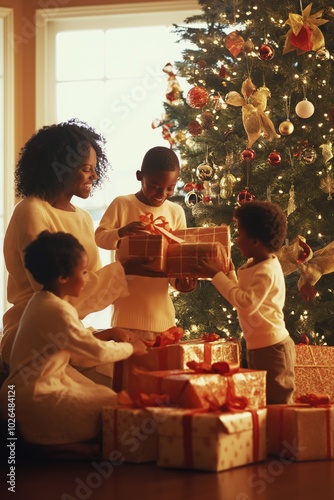 A family of four is gathered around a Christmas tree, opening presents and enjoying the festive season. Scene is warm and joyful, as the family shares in the excitement of the holiday season