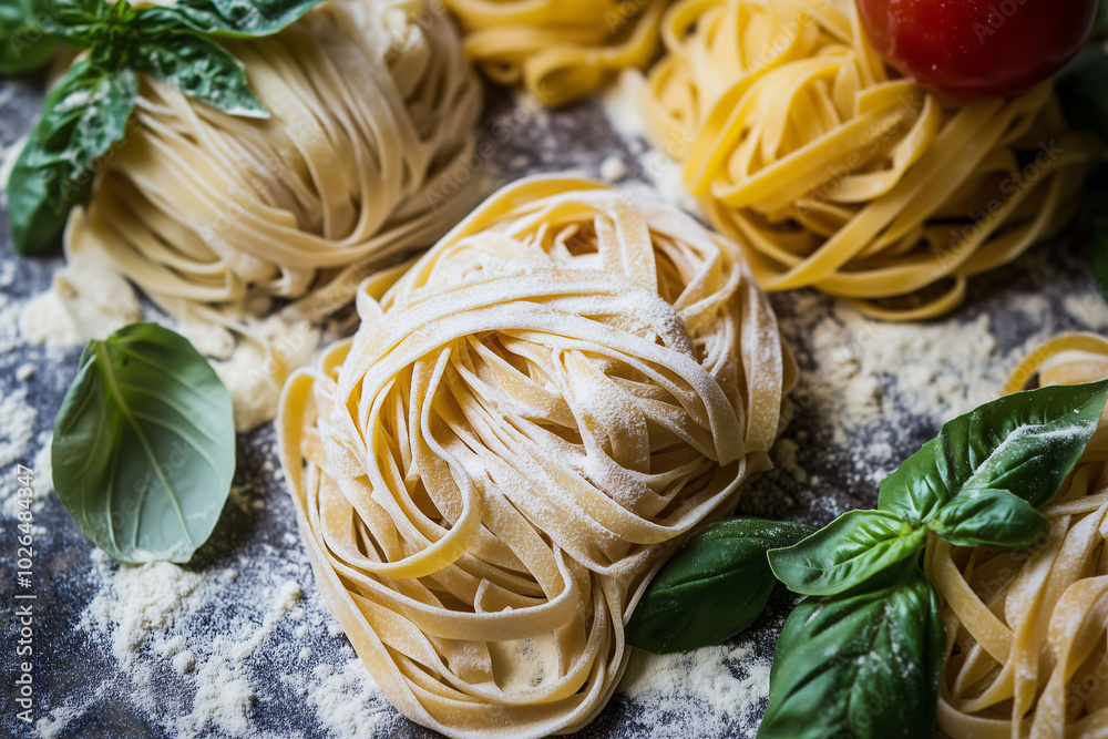 Italienische, selbstgemachte Pasta, unterschiedliche Pasta auf einem ... Italienische, selbstgemachte Pasta, unterschiedliche Pasta auf einem ...