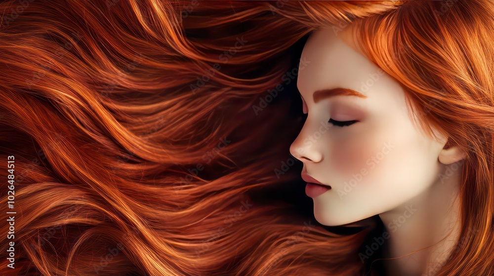 Obraz premium A young woman with long, flowing red hair lies on her side with her eyes closed.