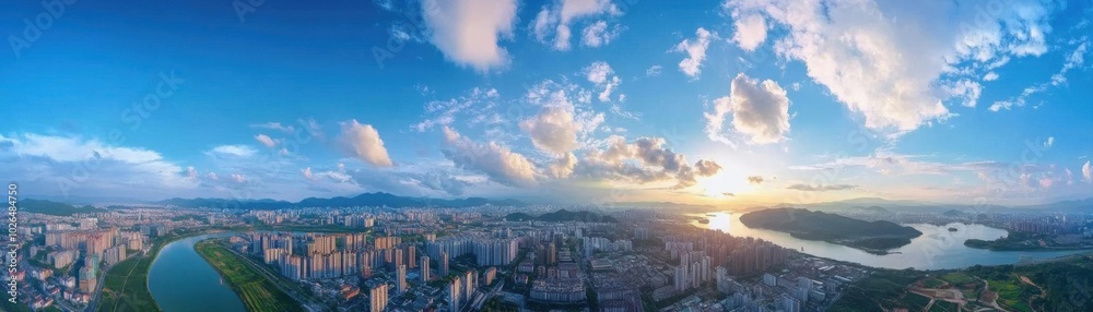 Fototapeta premium Panoramic drone shots flat design side view highaltitude shots animation vivid