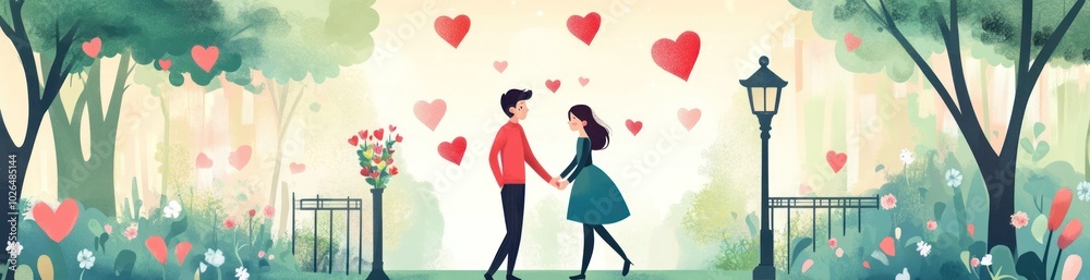 A romantic scene with a couple holding hands surrounded by hearts in a park. A romantic scene with a couple holding hands surrounded by hearts in a park.