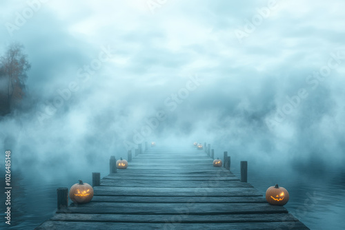 Foggy Pier with Jack-O'-Lanterns at Dusk