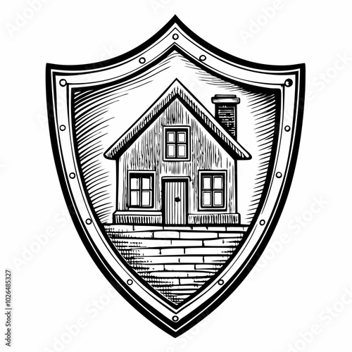 Vintage Shield Emblem with Wooden House Retro Engraving Art