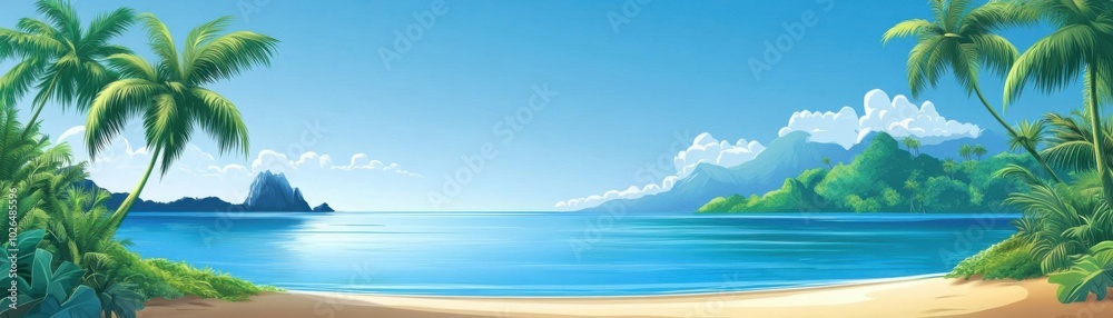 Tropical island vistas panoramic scene flat design front view exotic paradise cartoon drawing vivid