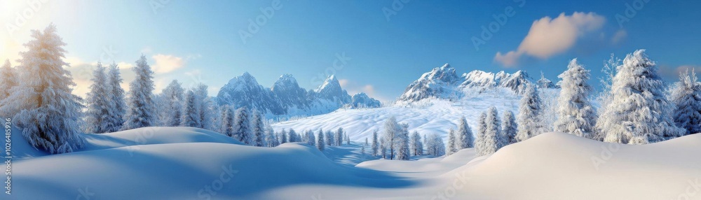 Winter landscapes panoramic scene flat design top view snowcovered terrain 3D render vivid Winter landscapes panoramic scene flat design top view snowcovered terrain 3D render vivid