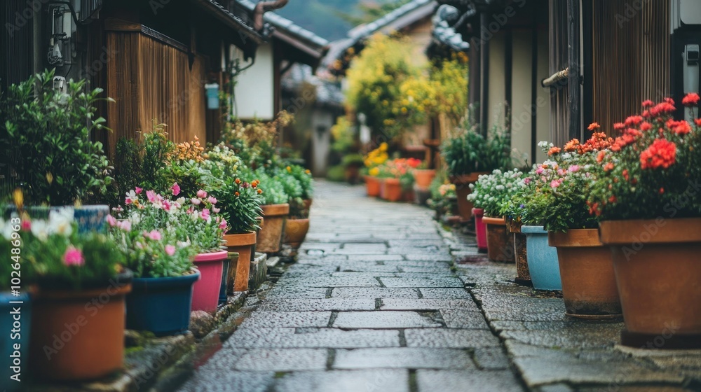 A charming stone pathway lined with colorful flower pots in a serene village setting. A charming stone pathway lined with colorful flower pots in a serene village setting.