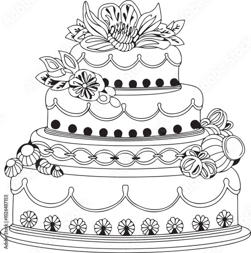 black and white three layer wedding cake with flowers, design for kids coloring activity 