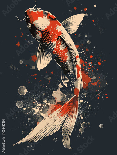 Koi fish in grunge style. Hand drawn vector illustration.