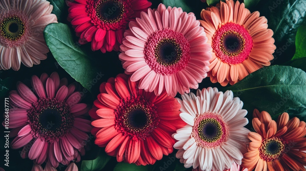 Close-up of a bouquet of colorful gerbera daisies with green leaves. Close-up of a bouquet of colorful gerbera daisies with green leaves.