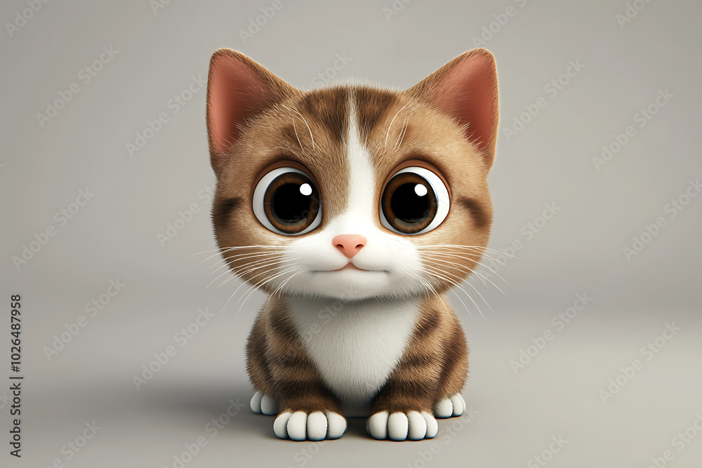 Obraz premium A cute, cartoon-style kitten with large eyes, sitting adorably on a neutral background.