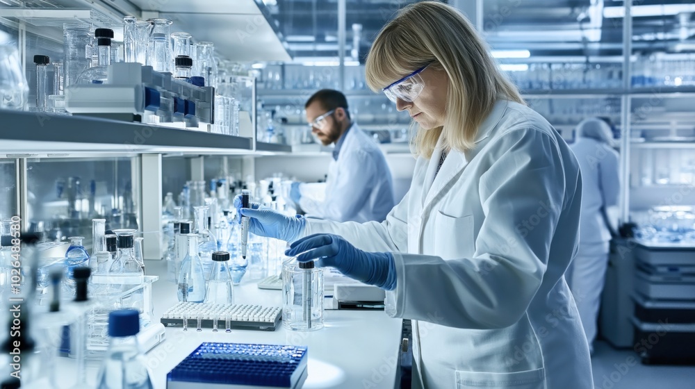 Scientists working in a laboratory with various glassware and scientific equipment, conducting experiments and wearing protective lab coats and goggles. Scientists working in a laboratory with various glassware and scientific equipment, conducting experiments and wearing protective lab coats and goggles.