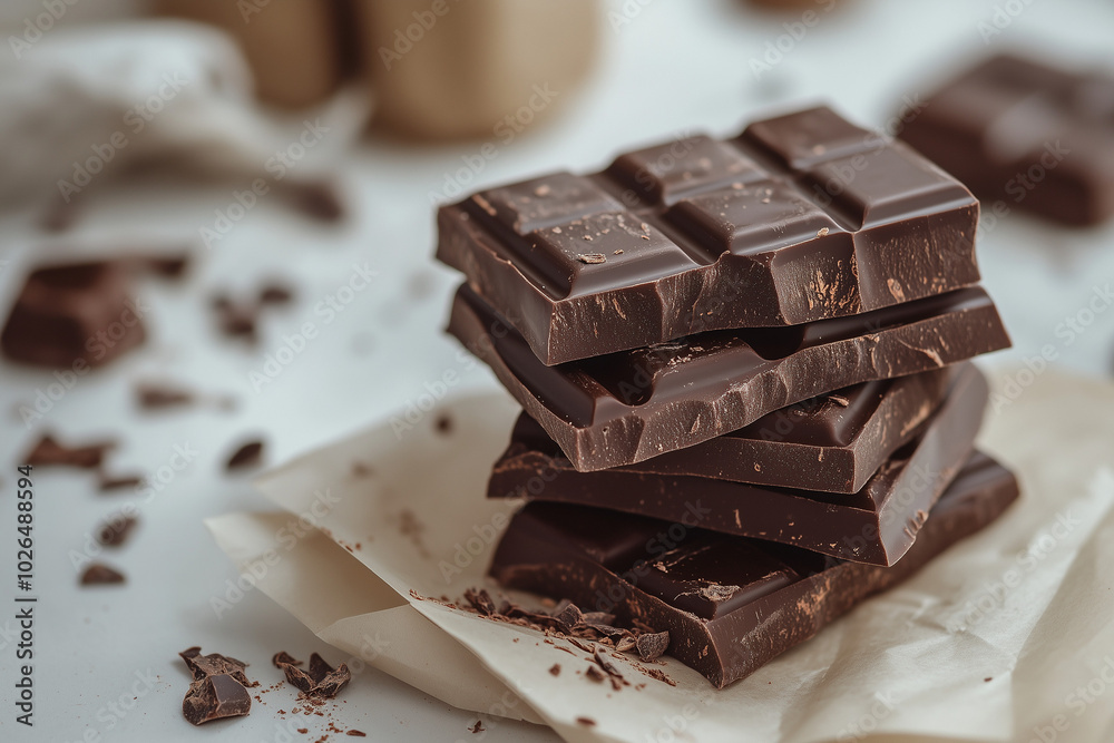 Stack of thick chocolate bars on parchment paper Stack of thick chocolate bars on parchment paper