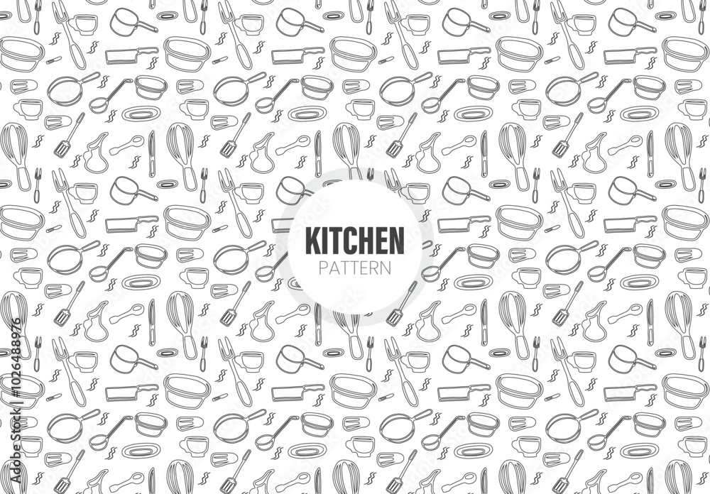 Seamless pattern on the theme of cooking and kitchen utensils, simple contour icons, black contour on white background
Seamless pattern on the theme of cooking and kitchen utensils, simple contour icons, black contour on white background