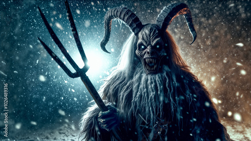 Horrifying Krampus figure with curled horns, skeletal face, and sharp teeth. Holding pitchfork. Dark, eerie background with glowing blue light. Halloween and Krampusnacht, German folklore concept.