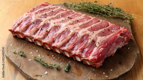 Fresh Uncooked Beef Ribs with Herbs on Wooden Board