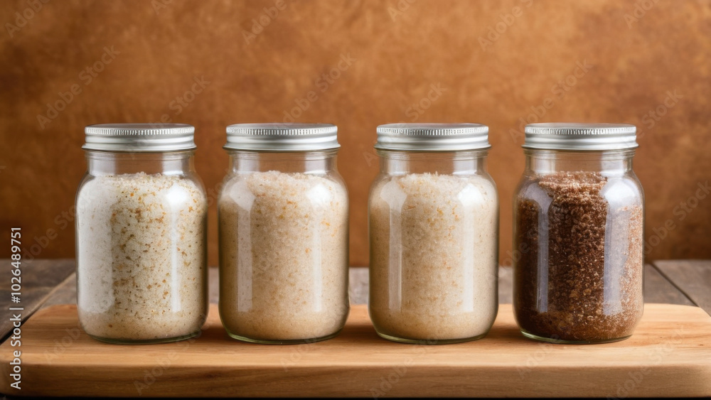 This image showcases clear jars of body scrubs, highlighting the rich textures of the exfoliants against a rustic wooden backdrop. Ideal for promoting eco-friendly skincare brands. This image showcases clear jars of body scrubs, highlighting the rich textures of the exfoliants against a rustic wooden backdrop. Ideal for promoting eco-friendly skincare brands.