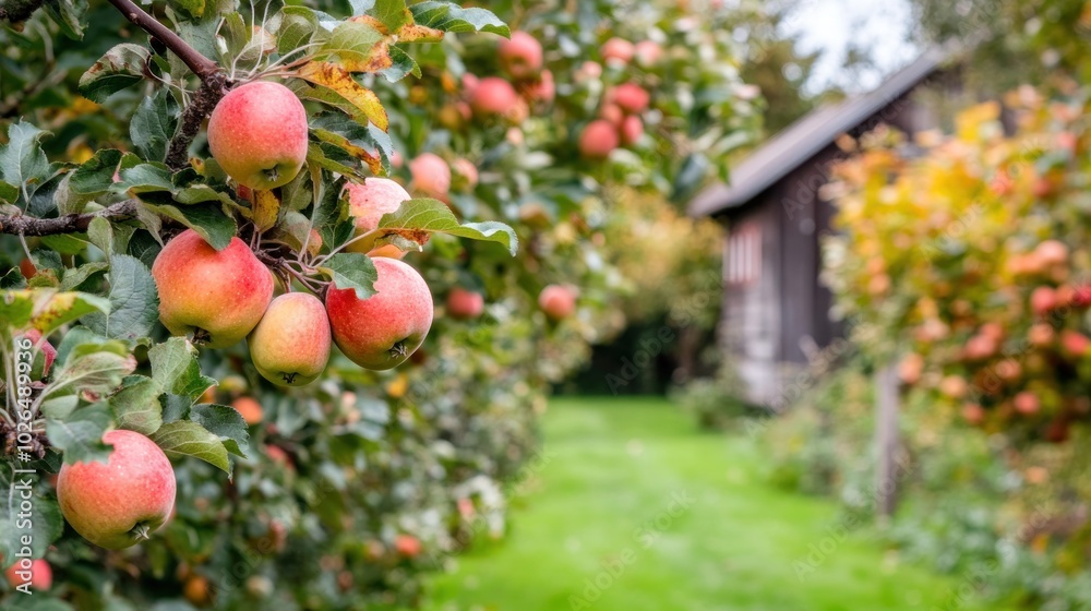 A picturesque apple orchard with ripe fruit and a rustic building in the background. A picturesque apple orchard with ripe fruit and a rustic building in the background.