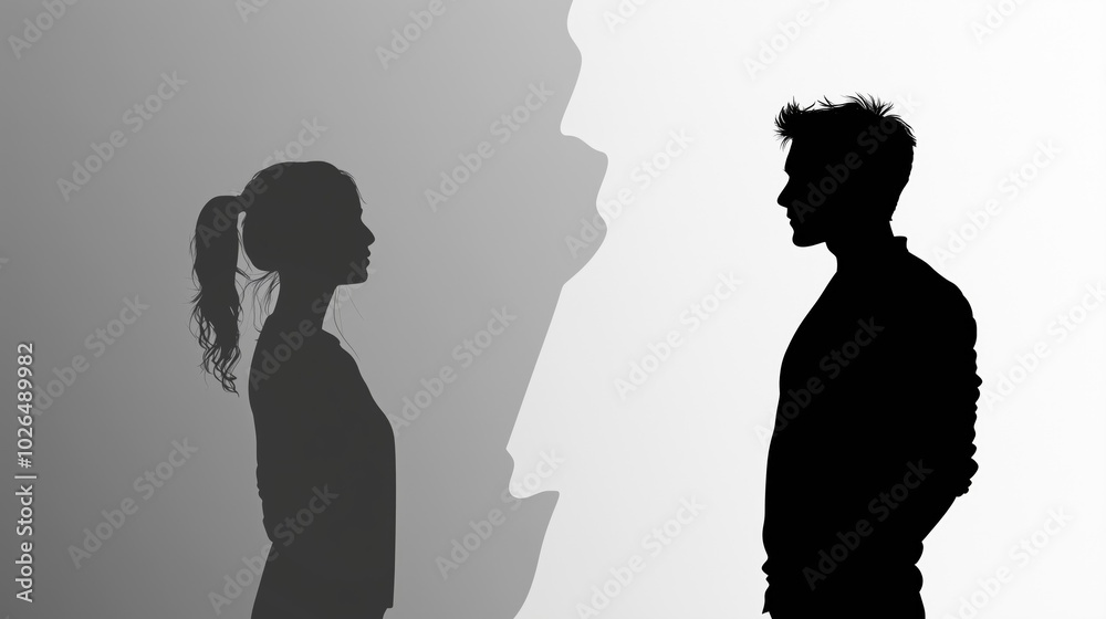 A couple silhouette background looking in different direction , in marriage clash and about to get divorce or to separate A couple silhouette background looking in different direction , in marriage clash and about to get divorce or to separate