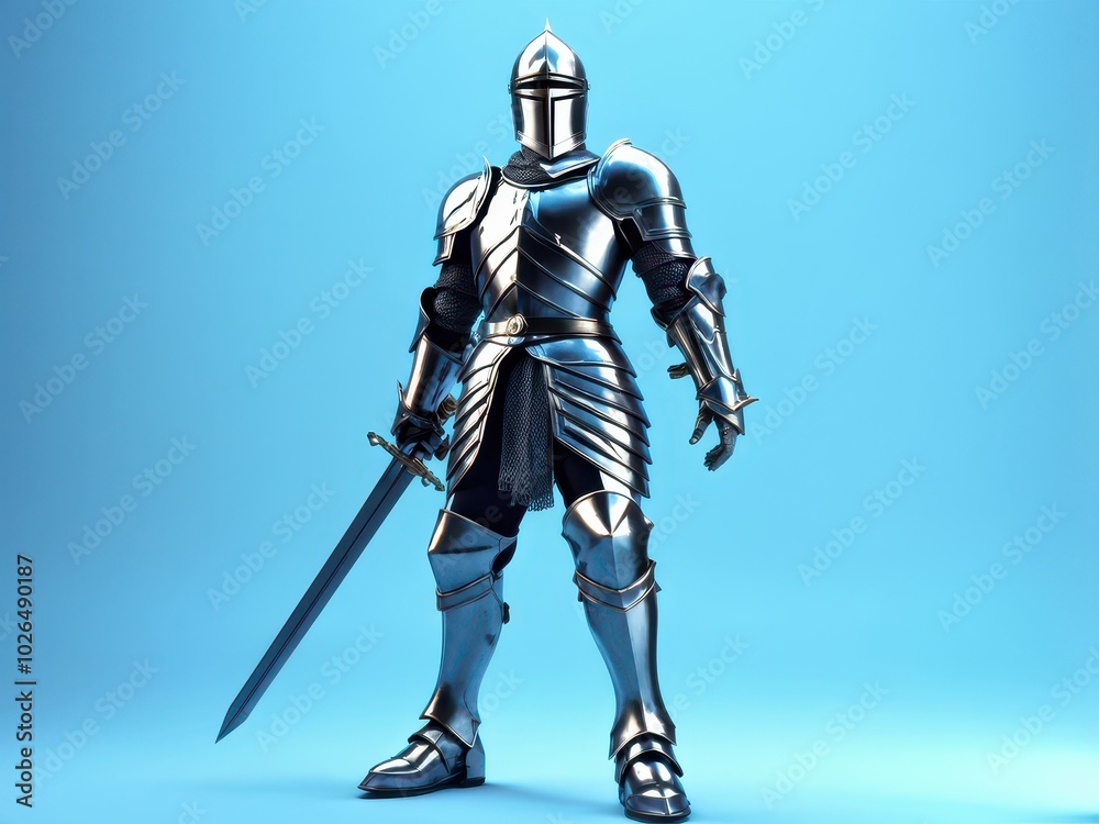 A detailed metallic knight in armor, holding a sword, set against a blue background. A detailed metallic knight in armor, holding a sword, set against a blue background.