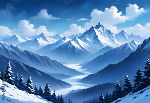 A Snowy Mountain Range Bathed in Winter’s Glow