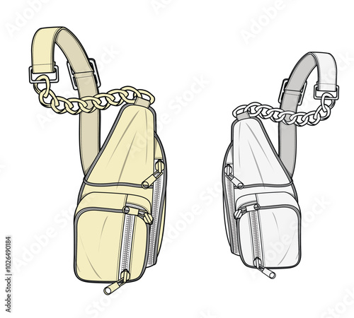 Crossbody sling bag for women vector template technical drawing.