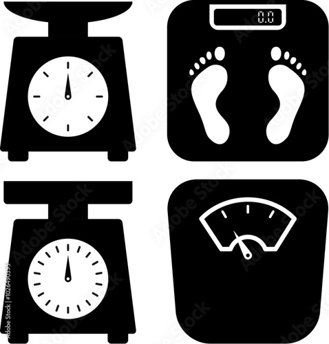 Vector weight scale icons isolated on white background. Health, fitness and wellness theme. Body weight control