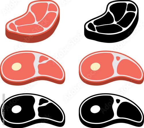 Vector raw meat icon isolated on white background. Red meat butcher cuts. Beef steak icon. Healthy food. BBQ symbol