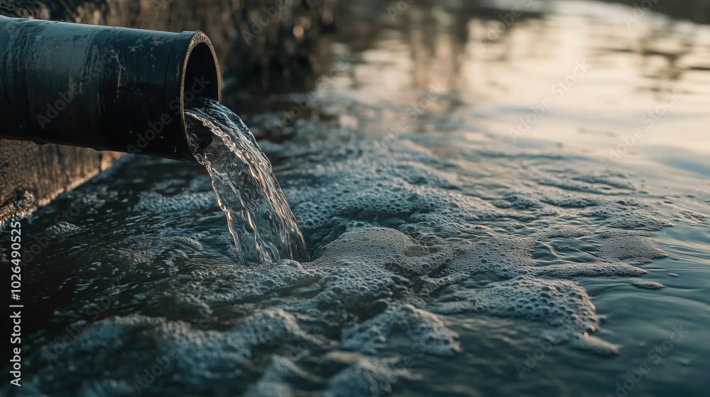 Fototapeta premium Water Pollution: A Pipe Discharging Waste into a River.