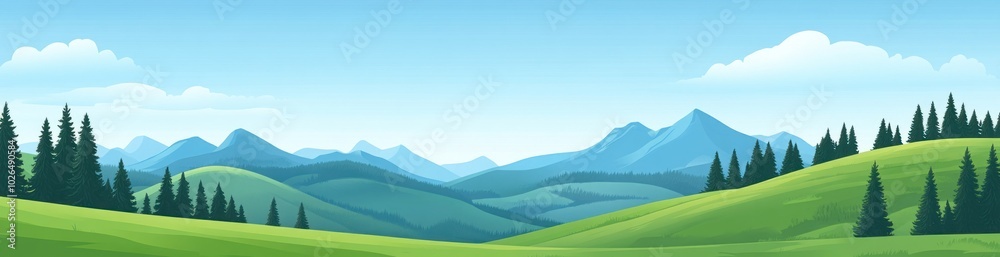 A serene landscape featuring rolling hills, mountains, and a clear blue sky. A serene landscape featuring rolling hills, mountains, and a clear blue sky.
