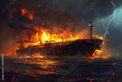 Dramatic Lightning Storm Engulfs Oil Tanker Fire: Chaos at Sea for Poster Design