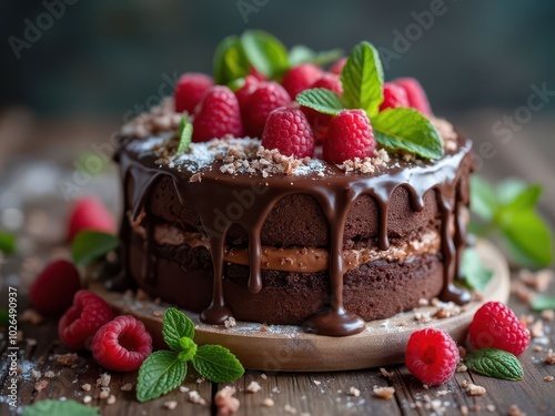Chocolate Cake with Raspberries and Mint