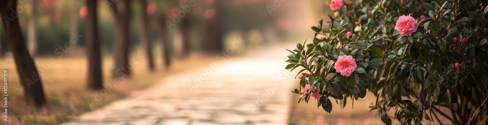 A serene pathway lined with trees and blooming flowers, inviting peaceful strolls. A serene pathway lined with trees and blooming flowers, inviting peaceful strolls.