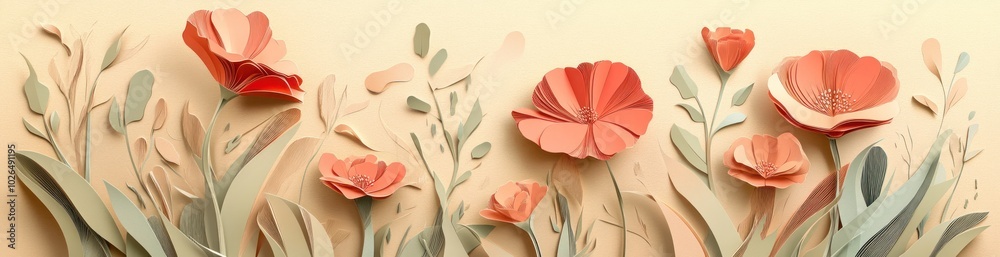 Obraz premium A vibrant paper-cut design featuring colorful flowers and leaves against a soft background.