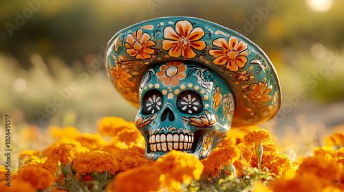 Mexican skeleton with sugar skull makeup and sombrero hat in marigold flowers field. Traditional calaca heads for Day of dead celebration. Dia de los muertos traditional carnival style. S photo