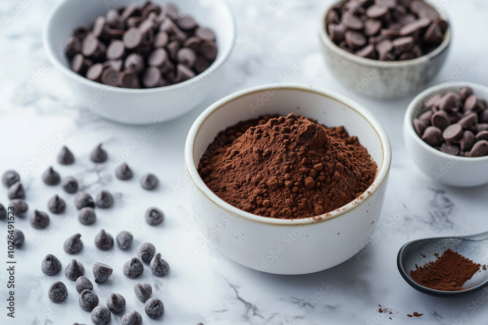 Chocolate chips and cocoa powder in bowls on metal counter Chocolate chips and cocoa powder in bowls on metal counter