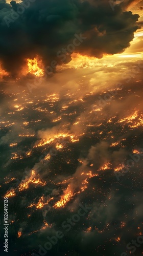 Aerial View of Burning Forest Fire, Climate Change Impact, Environmental Disaster.