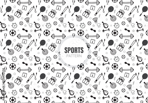 Seamless pattern with sport equipment. Black and white thin line icons

