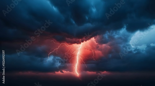 A dramatic scene showcasing a lightning bolt striking through dark, swirling clouds, illuminated by a fiery glow, creating an intense and electrifying atmosphere.